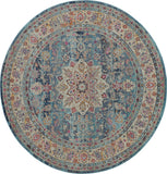 6' Blue And Beige Floral Distressed Round Rug