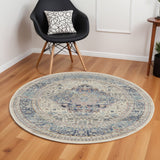 6' Ivory Blue And Orange Floral Distressed Round Rug