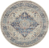 6' Ivory Blue And Orange Floral Distressed Round Rug