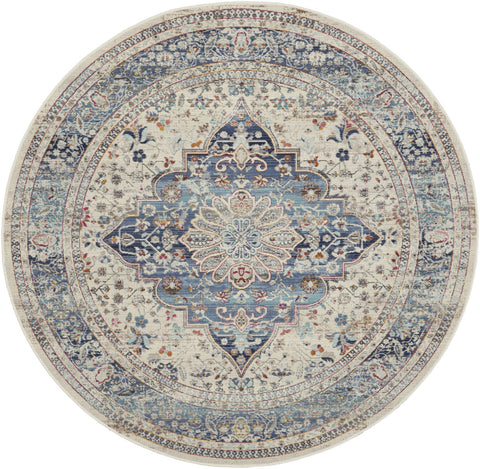 6' Ivory Blue And Orange Floral Distressed Round Rug