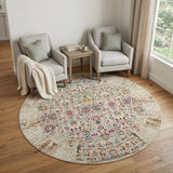 6' Ivory And Brown Floral Distressed Round Rug