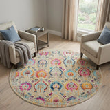 6' Ivory Pink And Orange Floral Distressed Round Rug
