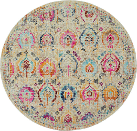 6' Ivory Pink And Orange Floral Distressed Round Rug