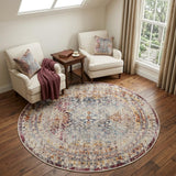 6' Ivory Red And Orange Geometric Distressed Round Rug