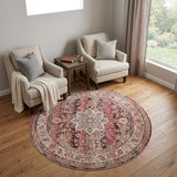 6' Ivory And Red Floral Distressed Round Rug