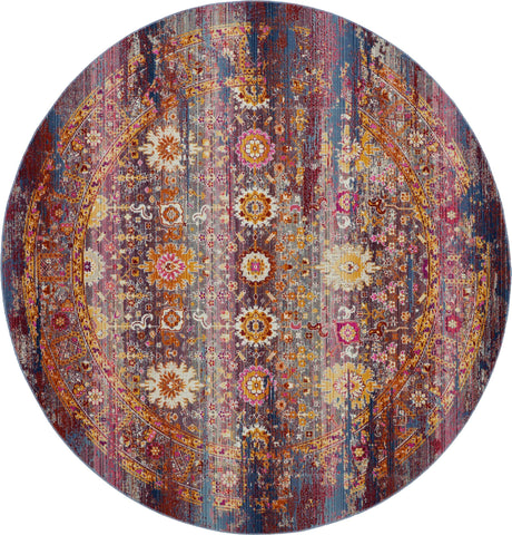 6' Blue Yellow And Red Floral Distressed Non Skid Round Rug