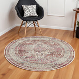 6' Ivory Red And Brown Floral Distressed Round Rug