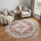 6' Ivory Red And Brown Floral Distressed Round Rug