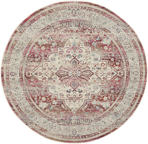 6' Ivory Red And Brown Floral Distressed Round Rug