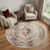 6' Ivory Red And Orange Floral Distressed Round Rug