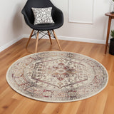 6' Ivory Red And Orange Floral Distressed Round Rug