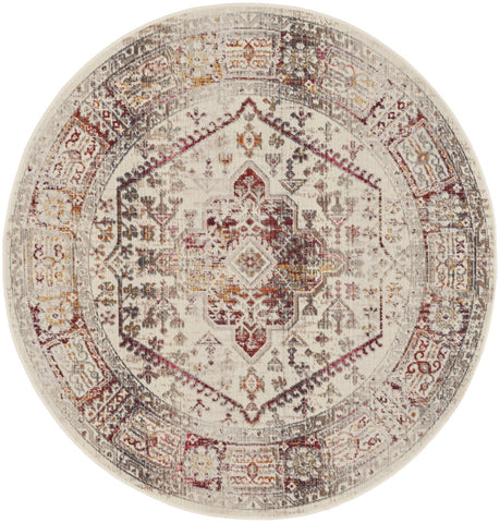 6' Ivory Red And Orange Floral Distressed Round Rug