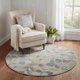 5' Ivory And Turquoise Botanical Leaves Round Rug