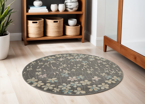 5' Beige And Gray Floral Round Rug
