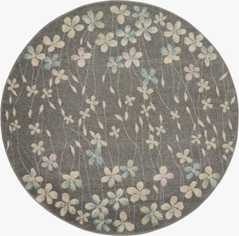 5' Beige And Gray Floral Round Rug
