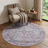 5' Gray and Beige Round Floral Power Loom Distressed Area Rug