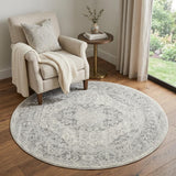 5' Ivory And Gray Floral Medallion Distressed Round Rug