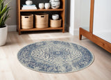 5' Ivory And Light Blue Floral Medallion Distressed Round Rug