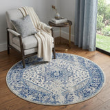 5' Ivory And Light Blue Floral Medallion Distressed Round Rug