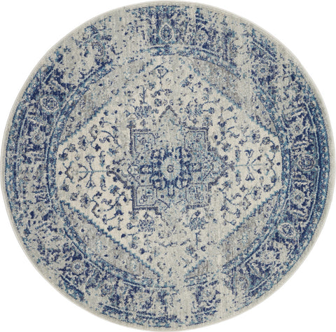 5' Ivory And Light Blue Floral Medallion Distressed Round Rug