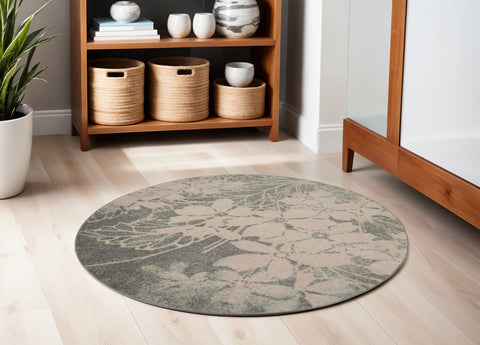 5' Gray And Pink Floral Round Rug