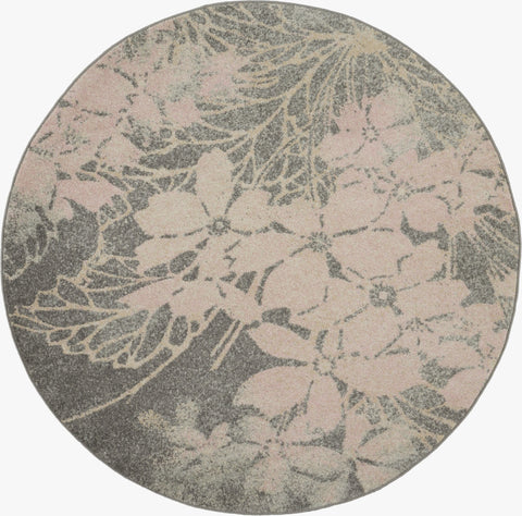 5' Gray And Pink Floral Round Rug