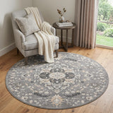 5' Ivory Black and Gray Floral Medallion Non Skid Round Rug