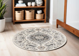 5' Ivory Black and Gray Floral Medallion Non Skid Round Rug