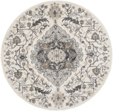 5' Ivory Black and Gray Floral Medallion Non Skid Round Rug