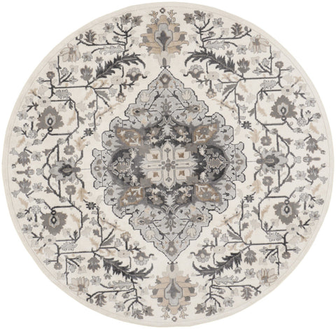 5' Ivory Black and Gray Floral Medallion Non Skid Round Rug