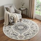 5' Ivory Black and Gray Floral Medallion Non Skid Round Rug
