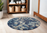 5' Navy Blue and Beige Botanical Leaves Round Rug