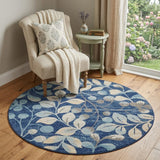 5' Navy Blue and Beige Botanical Leaves Round Rug