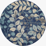 5' Navy Blue and Beige Botanical Leaves Round Rug