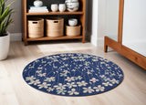 5' Navy Blue and Ivory Floral Round Rug