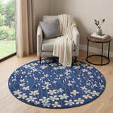 5' Navy Blue and Ivory Floral Round Rug