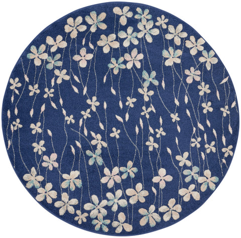 5' Navy Blue and Ivory Floral Round Rug