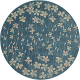 5' Turquoise and Cream Botanical Leaves Round Rug