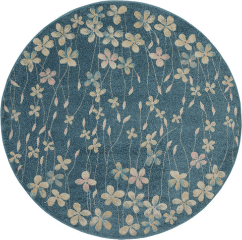 5' Turquoise and Cream Botanical Leaves Round Rug