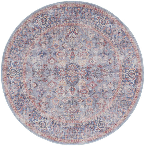 5' Blue and Purple Round Floral Power Loom Distressed Area Rug