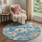 5' Turquoise Cream and Navy Blue Floral Distressed Round Rug