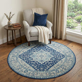 5' Ivory And Navy Blue Floral Medallion Distressed Round Rug