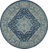 5' Ivory And Navy Blue Floral Medallion Distressed Round Rug