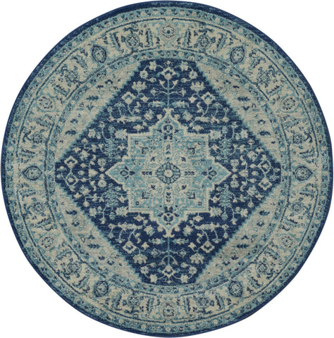 5' Ivory And Navy Blue Floral Medallion Distressed Round Rug