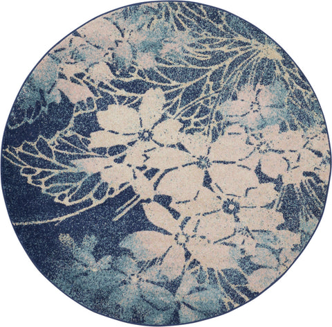 5' Navy Blue and Ivory Floral Round Rug