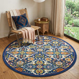 5' Blue Round Floral Power Loom Area Rug