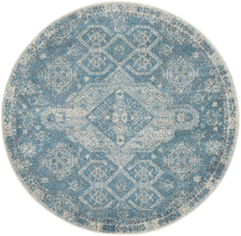 5' Ivory and Light Blue Oriental Distressed Round Rug