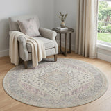 5' Ivory Pink And Gray Floral Medallion Distressed Round Rug