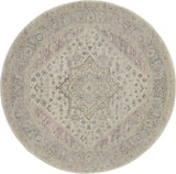 5' Ivory Pink And Gray Floral Medallion Distressed Round Rug
