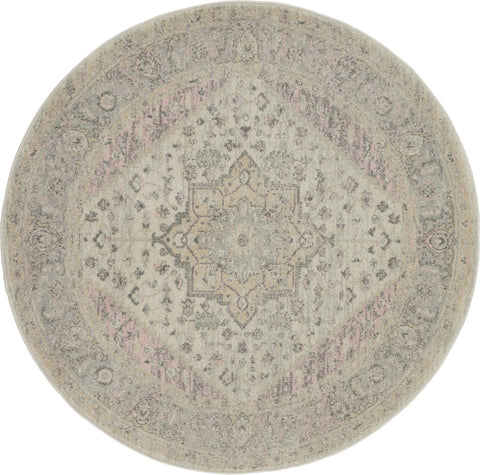 5' Ivory Pink And Gray Floral Medallion Distressed Round Rug